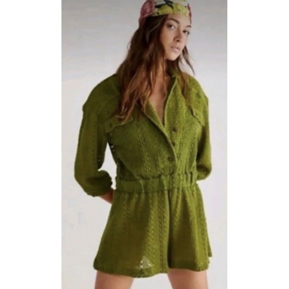 Free People Beach Womens Crochet Romper Olive Green Button Front Long Sleeve M